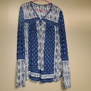 LUCKY BRAND WOMENS BOHO STYLE TOP BLOUSE BLUE WHITE SIZE LARGE